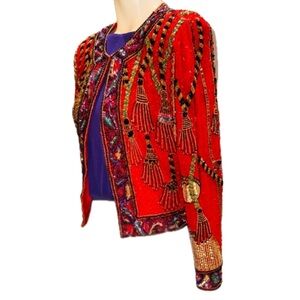 🧥🍸 LAWRENCE KAZAR Vintage 80s Silk Beaded Tassel Jacket Red Gold Statement Sz S
